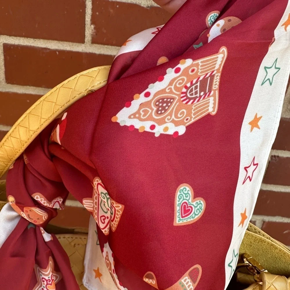 Stylish Red and White holiday scarf. 21.6 x 21.6 gingerbread men